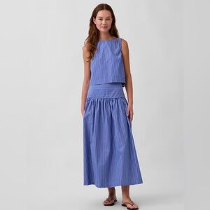 GAP Blue White Striped Poplin Drop-Waist Maxi Skirt Boatneck Top Set Small Tall